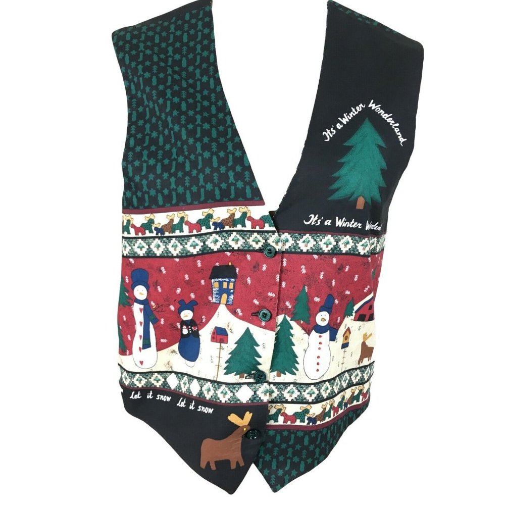 Winter Wonderland Christmas Holiday Multicolored Handmade Button Up Vest - Picture 3 of 8